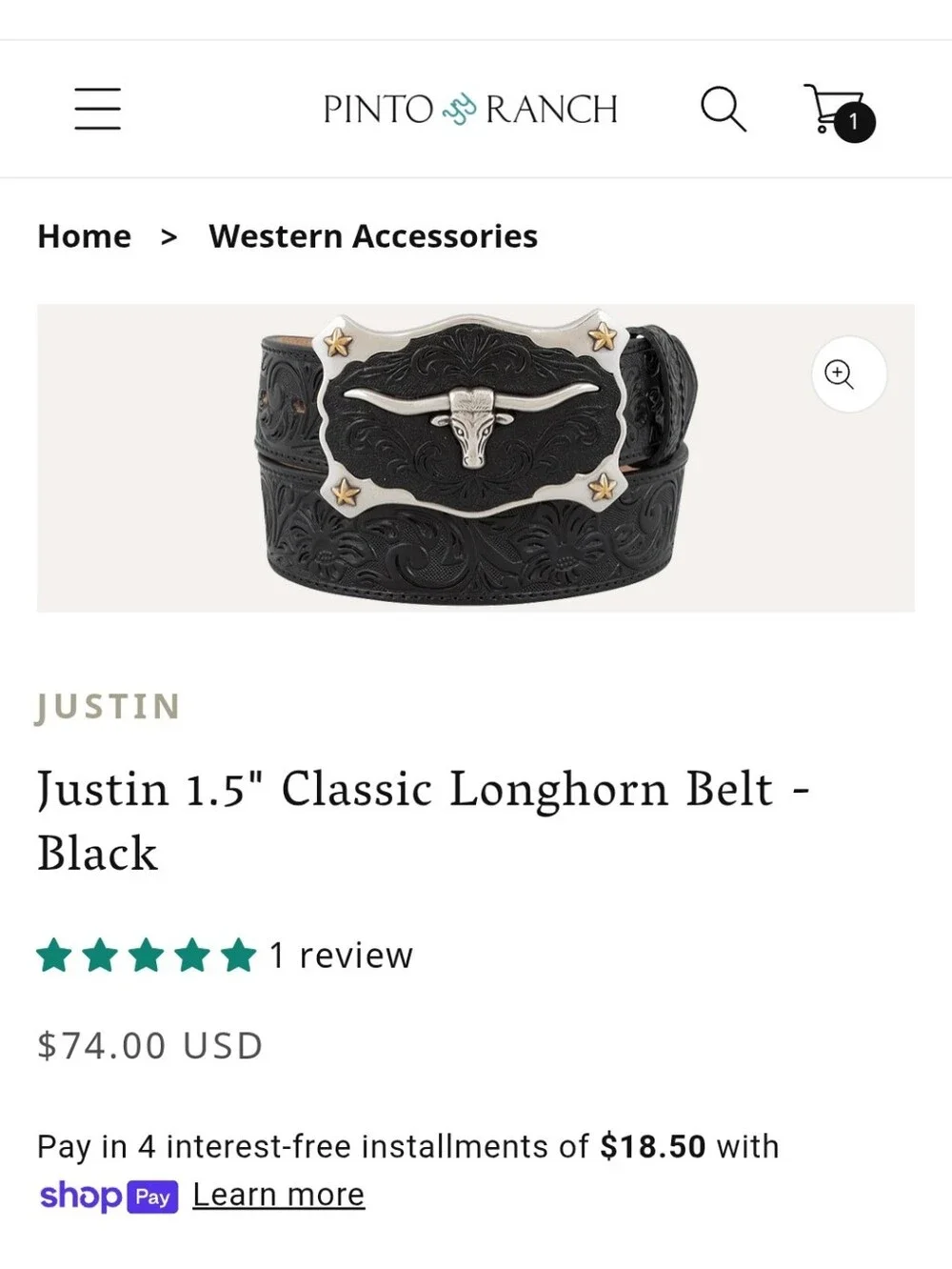 Justin Men's Longhorn Belt Size 38